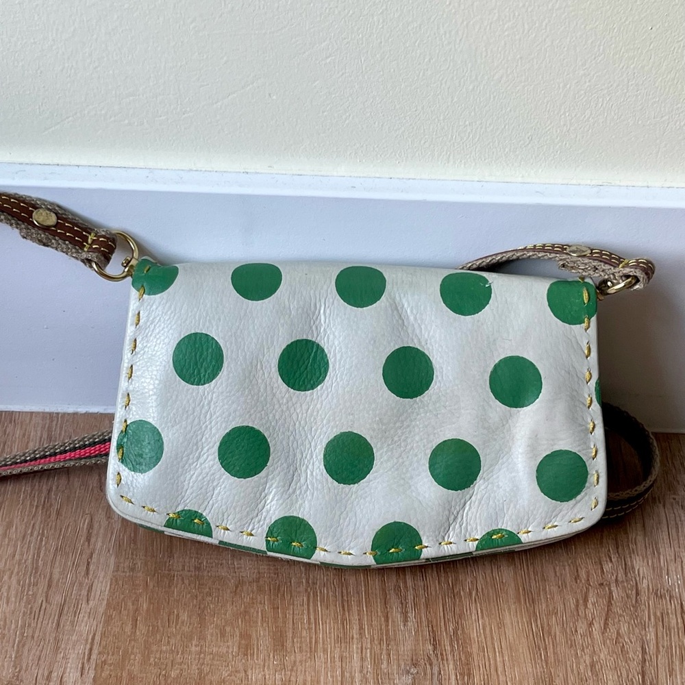 Holding Horses x Anthropolgie leather crossbody bag, white w/green polka dots
